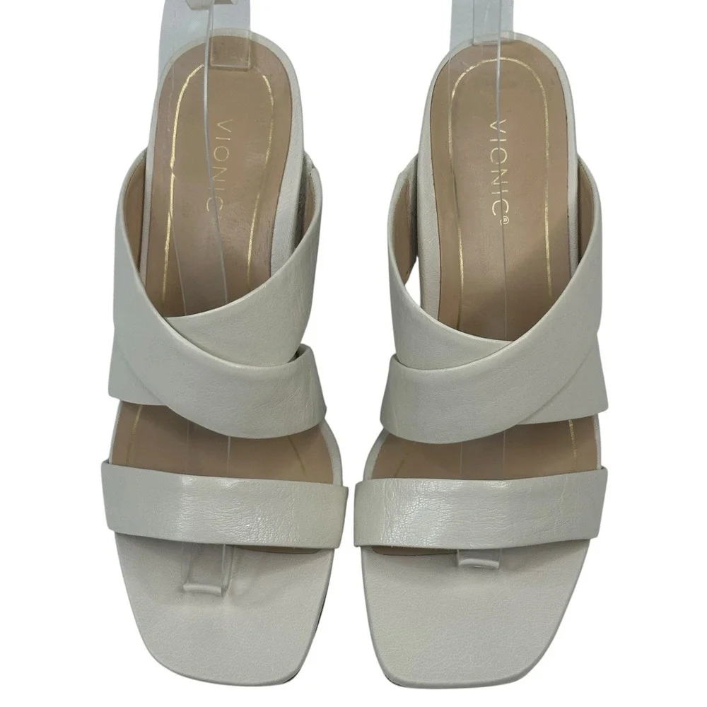 Vionic Merlot Heeled Slide Sandals Cream Leather Womens Size 8 New $150